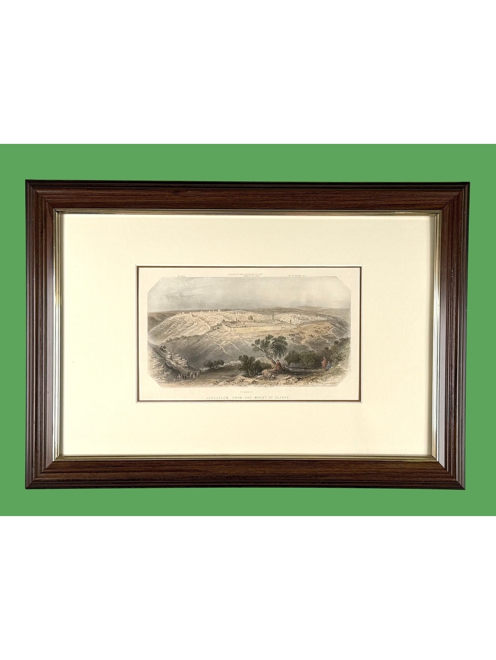 150 Years Old Antique Hand Coloured Engraving Jerusalem Mount of Olives Framed